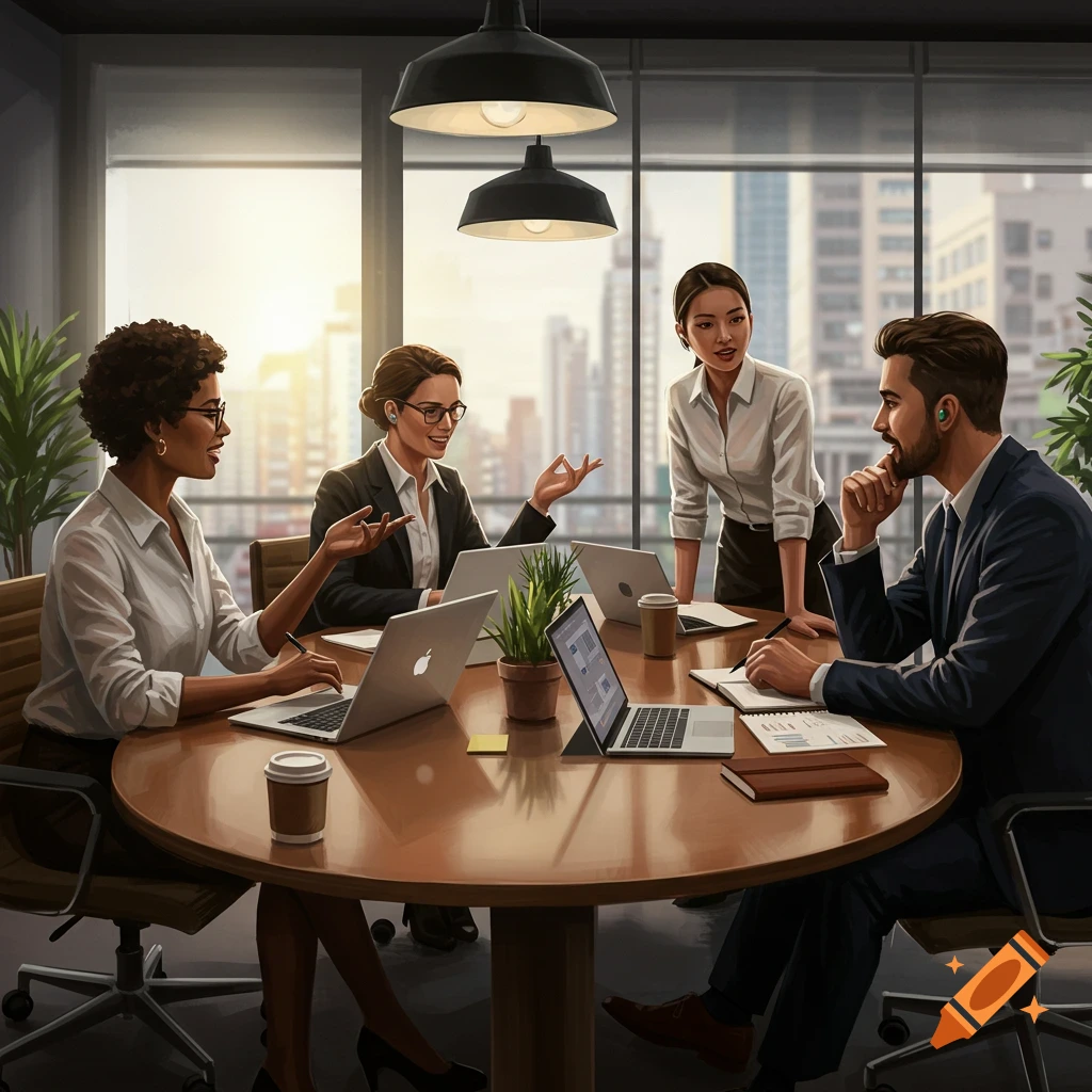 A diverse group of professionals sits around a round table in a sunlit modern office, engaged in a team meeting with laptops and notebooks.