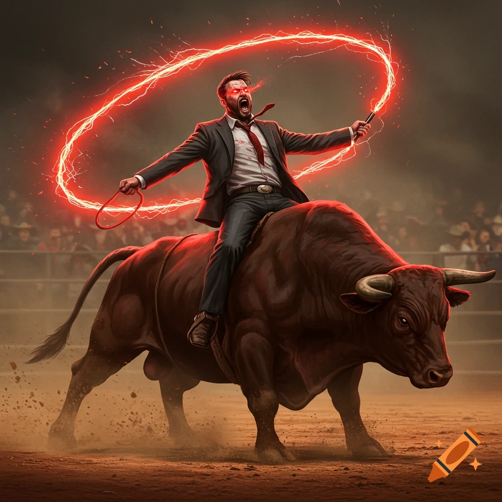A man with glowing red eyes in a suit rides a bull in an arena, yelling and swinging a red electric whip.