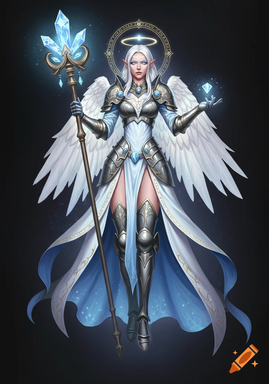 A female celestial paladin mage with white hair, elf ears, and large white wings, holding a glowing crystal staff.