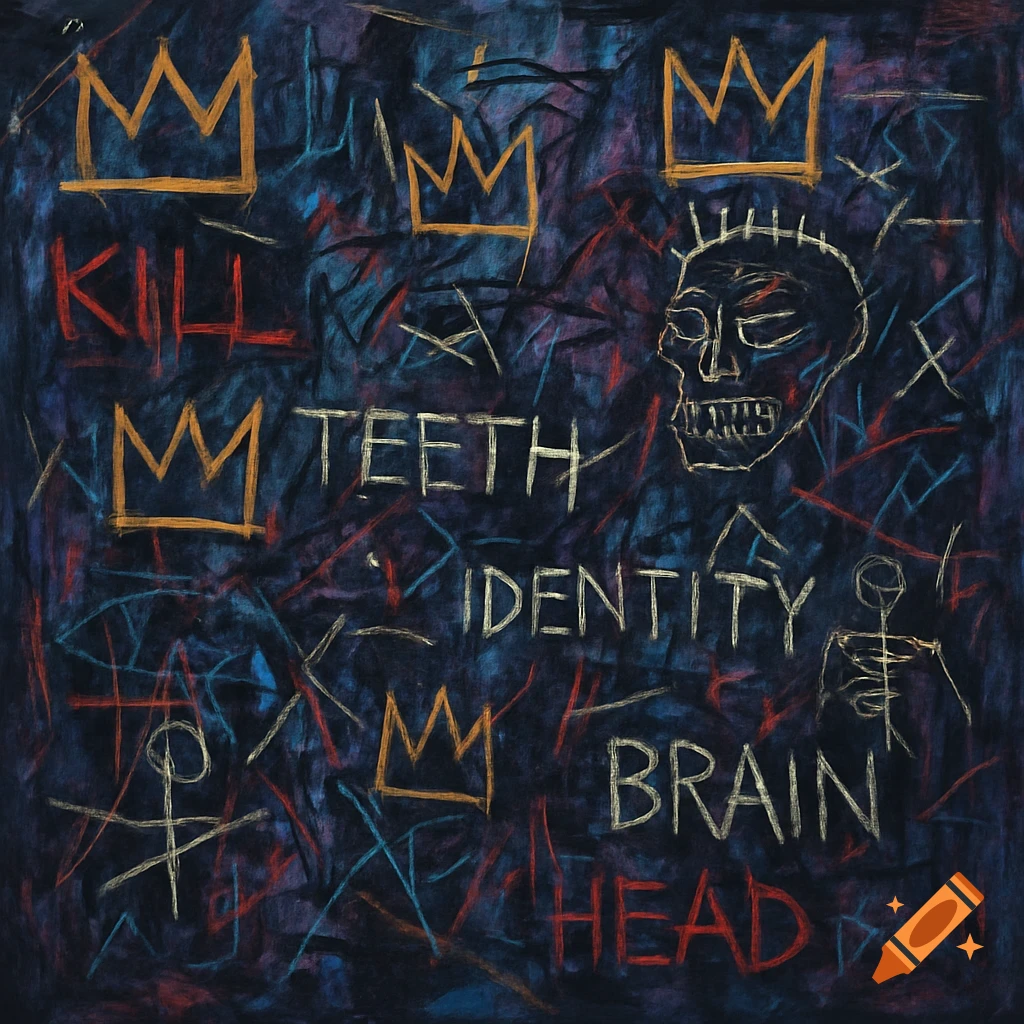 Abstract Basquiat-inspired painting with graffiti text, golden crowns, and a skull-like figure on a dark background.