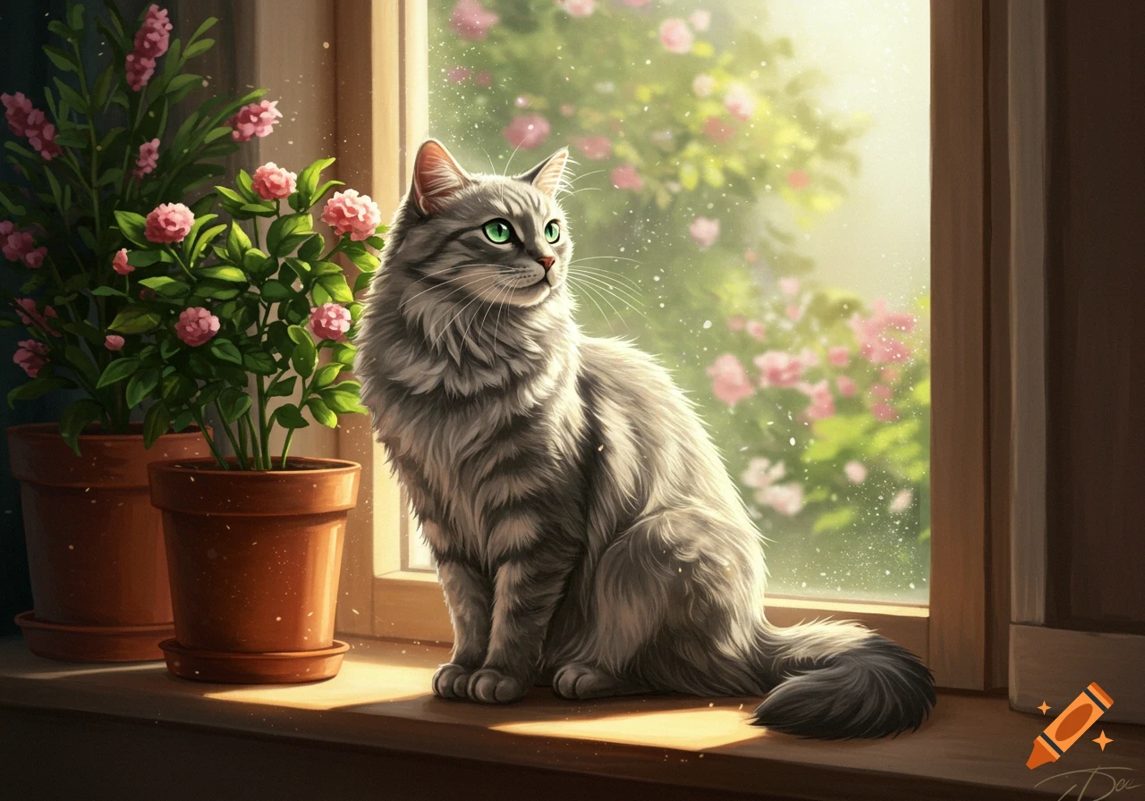 A fluffy gray cat with green eyes sits on a sunny windowsill next to potted pink flowering plants, looking outside.