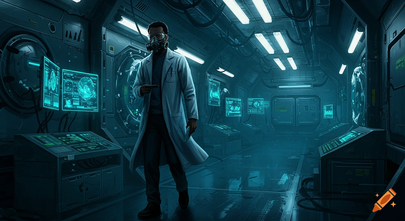 Anime-style African American scientist in a gas mask walks through a futuristic lab with glowing screens.
