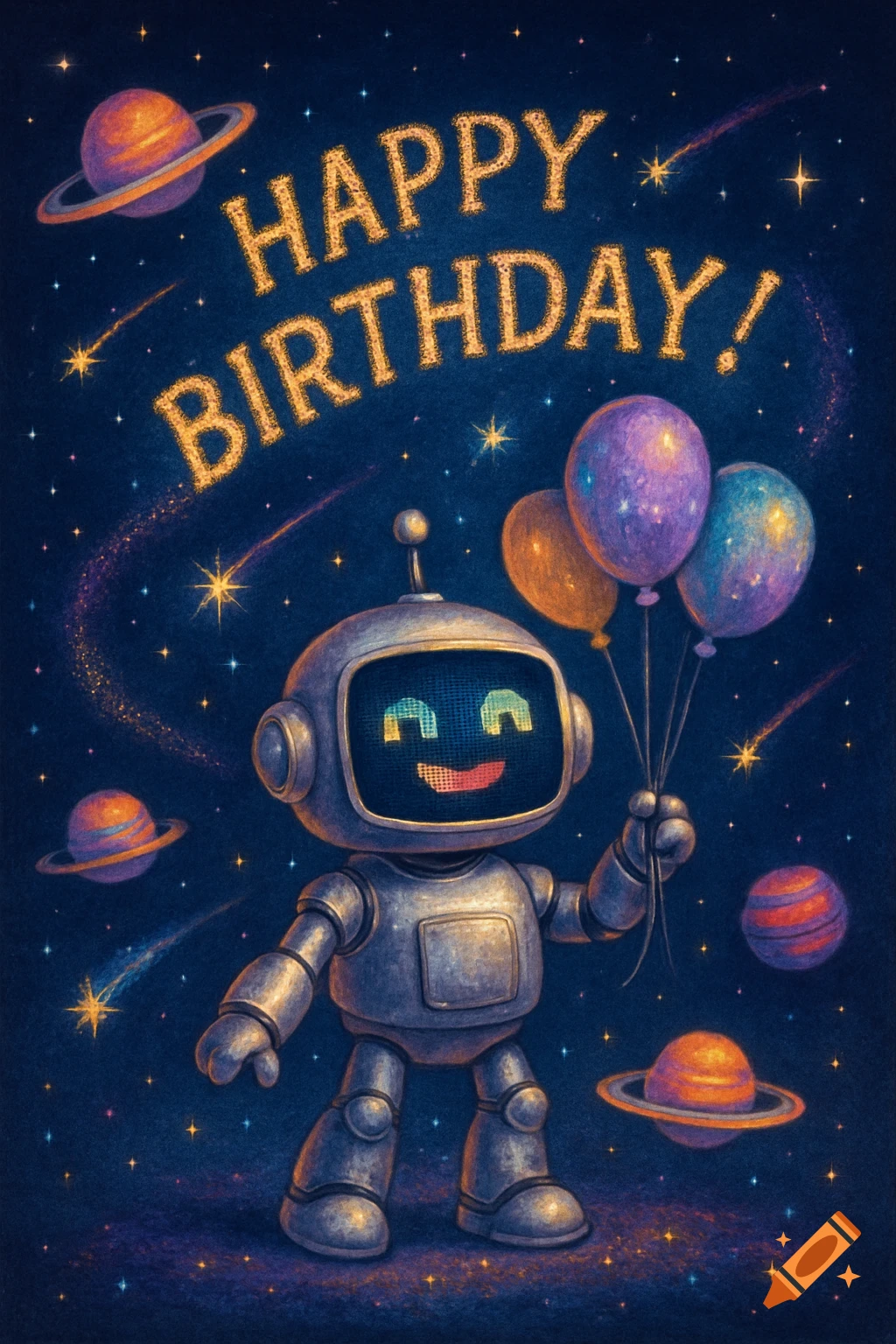 A cute silver robot holds balloons in space, surrounded by stars and planets, with "HAPPY BIRTHDAY!" sparkling text above.