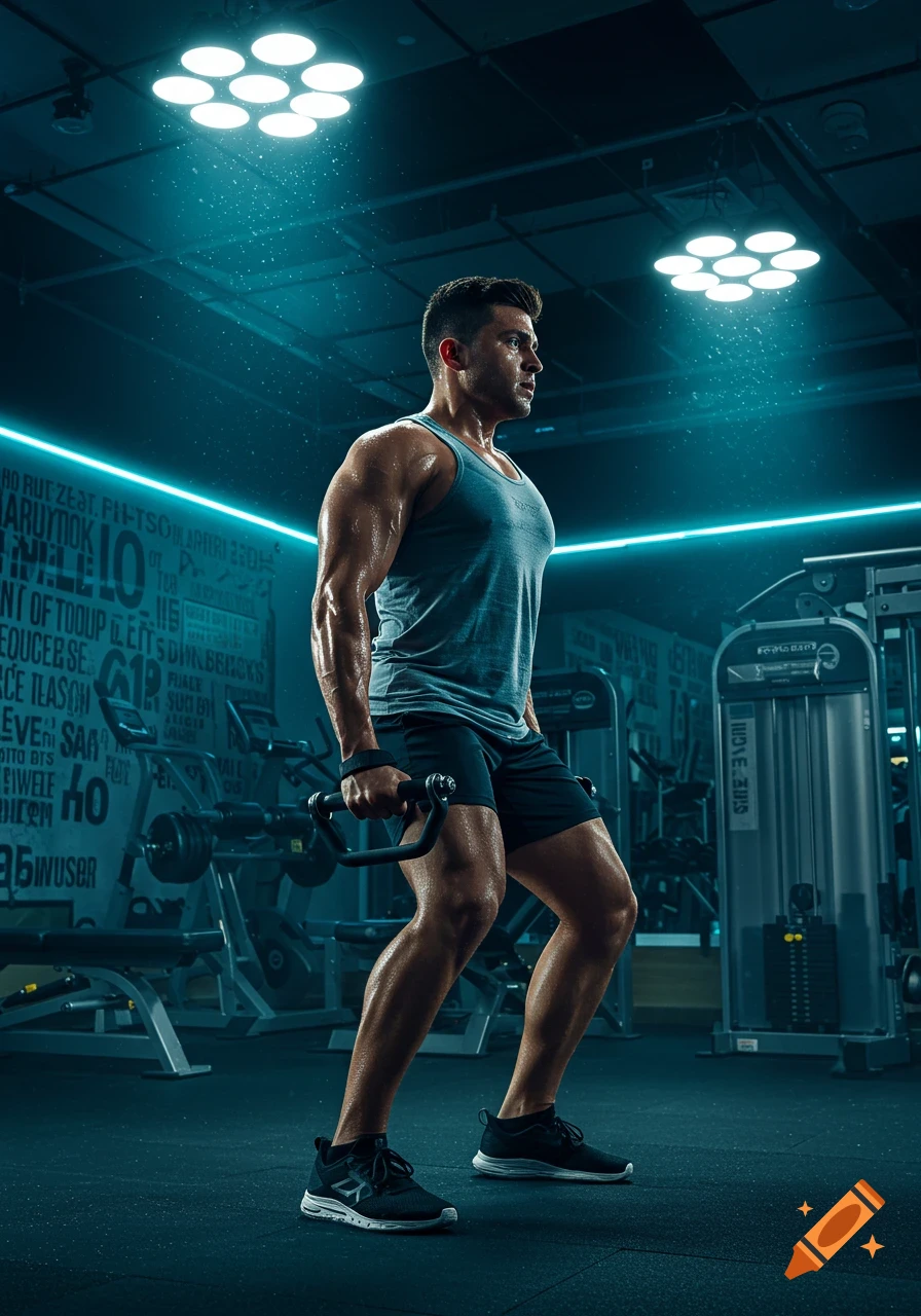 Muscular man working out with a weight in a modern gym with blue neon lights.