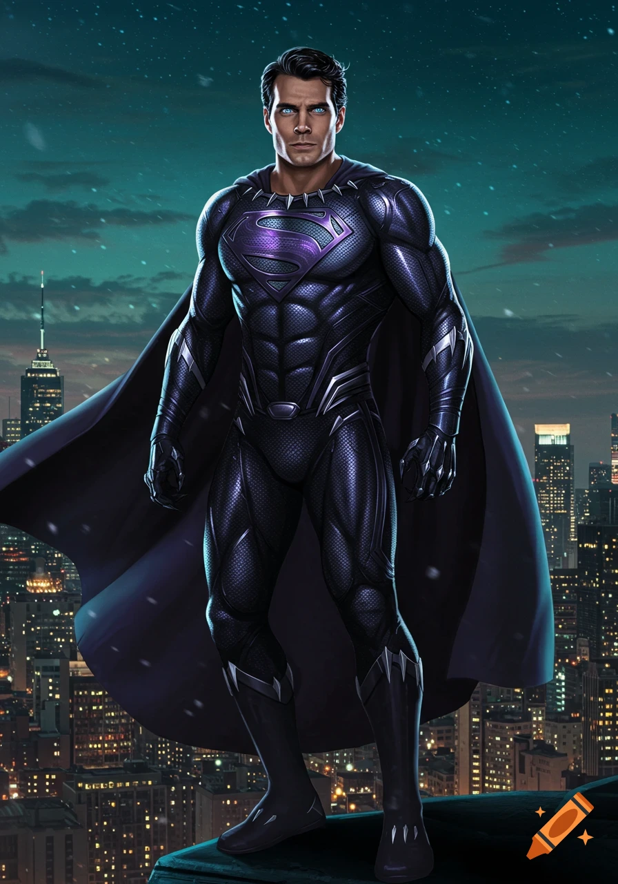 Henry Cavill as Superman in a Black Panther-style black and purple suit, standing on a city rooftop at night in a digital art style.