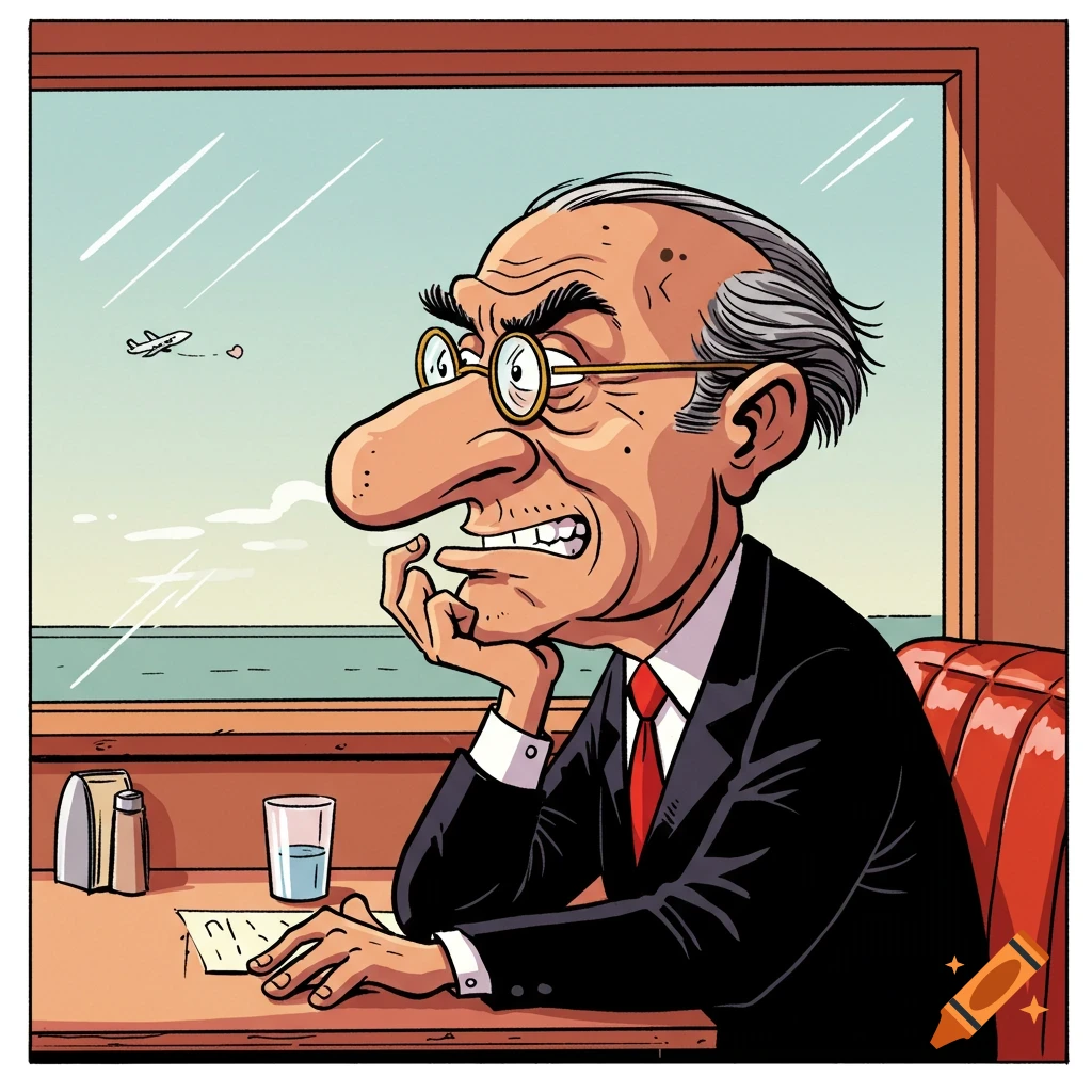 Colorful comic caricature of an older man with glasses, chin on hand, looking thoughtfully out a restaurant window at a tiny airplane.
