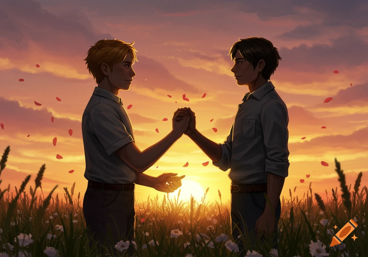 Two young men hold hands in a field of flowers at a vibrant sunset, with rose petals falling. Digital art.