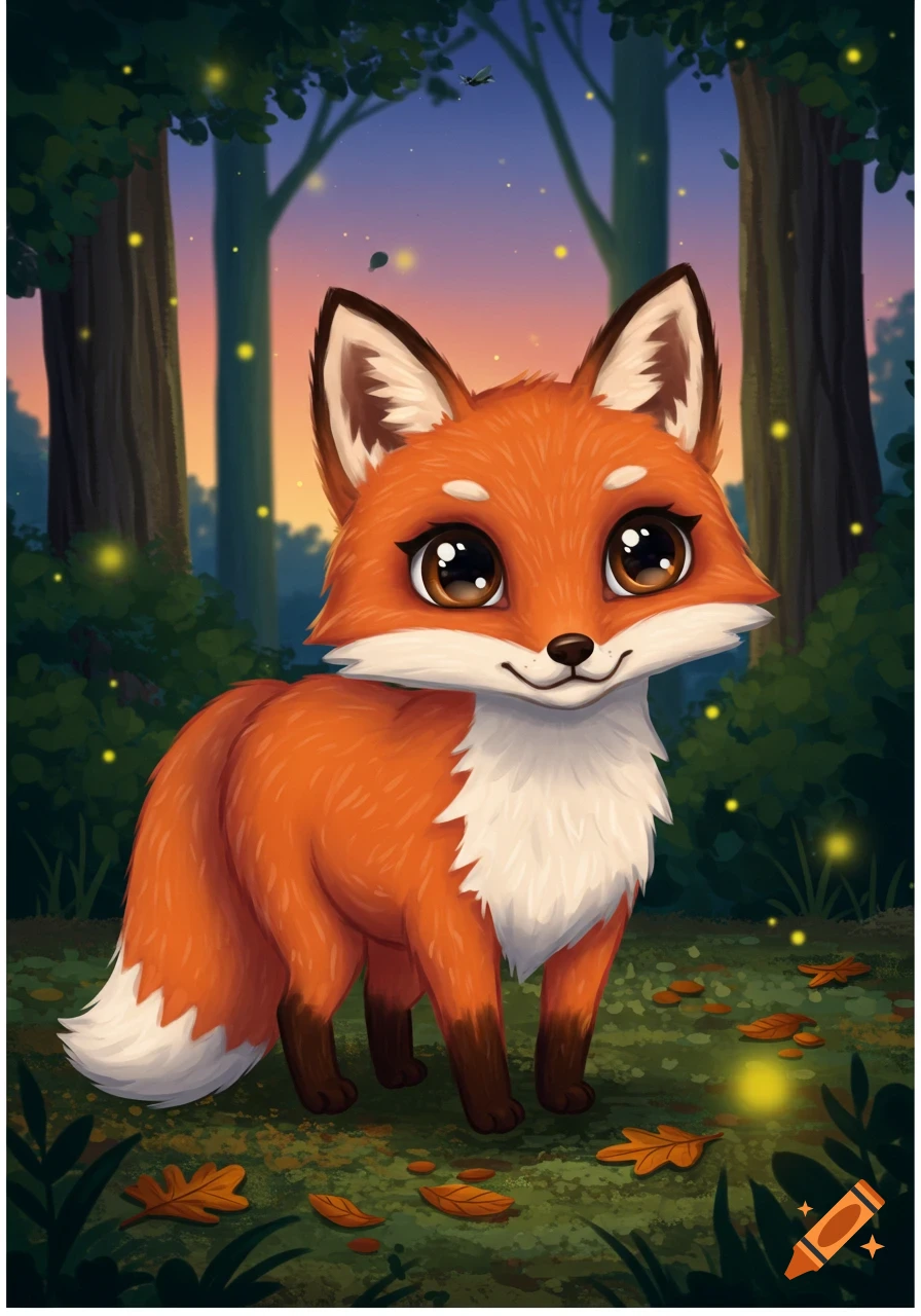 A cute, cartoon fox with detailed orange and white fur stands in a twilight forest, surrounded by glowing fireflies and fallen leaves.