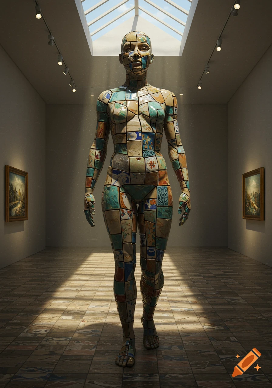A human-shaped sculpture made of colorful mosaic ceramic tiles stands in an art gallery, bathed in light from a skylight.