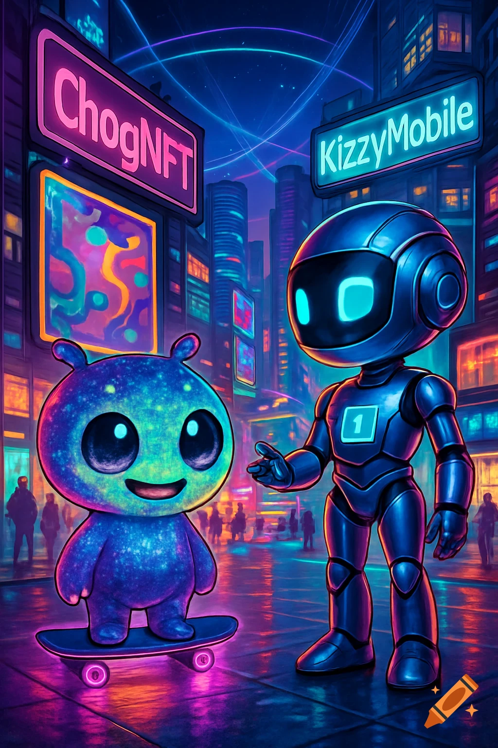 A vibrant, cartoonish alien-like creature on a skateboard and a robot in a futuristic neon city at night.