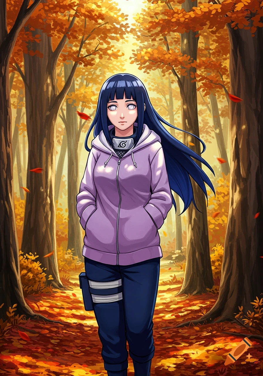 Anime girl Hinata from Naruto walks through a sunlit autumnal forest with orange and yellow leaves.
