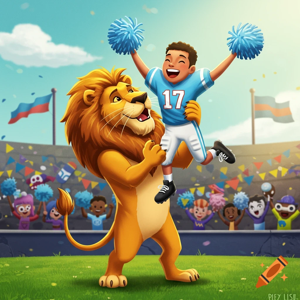 A cartoon lion holds up a young football player in a blue jersey with '17' on it, cheering in a stadium.