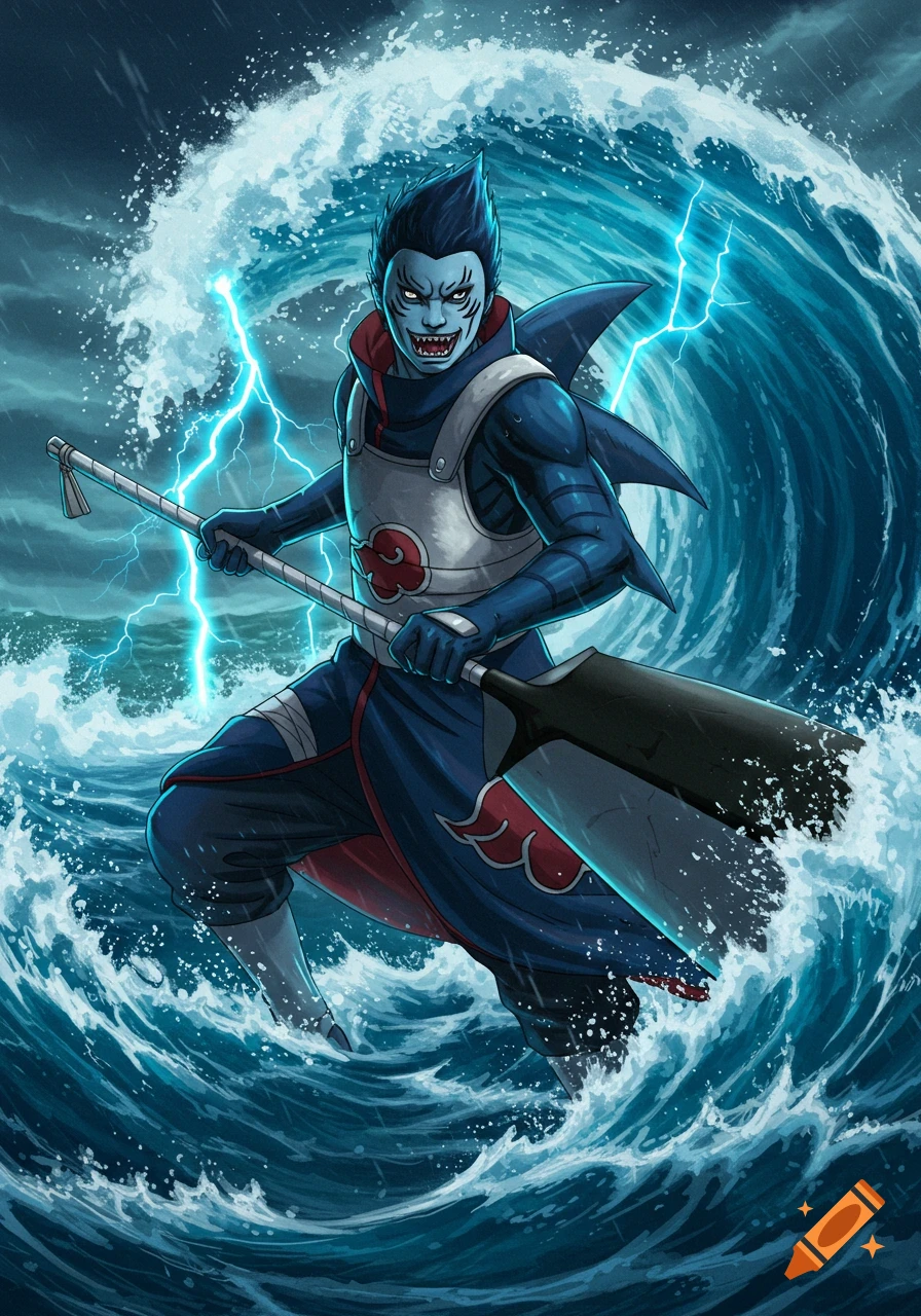 Anime illustration of Kisame Hoshigaki, a shark-like character, wielding a weapon amidst large waves and lightning during a storm.