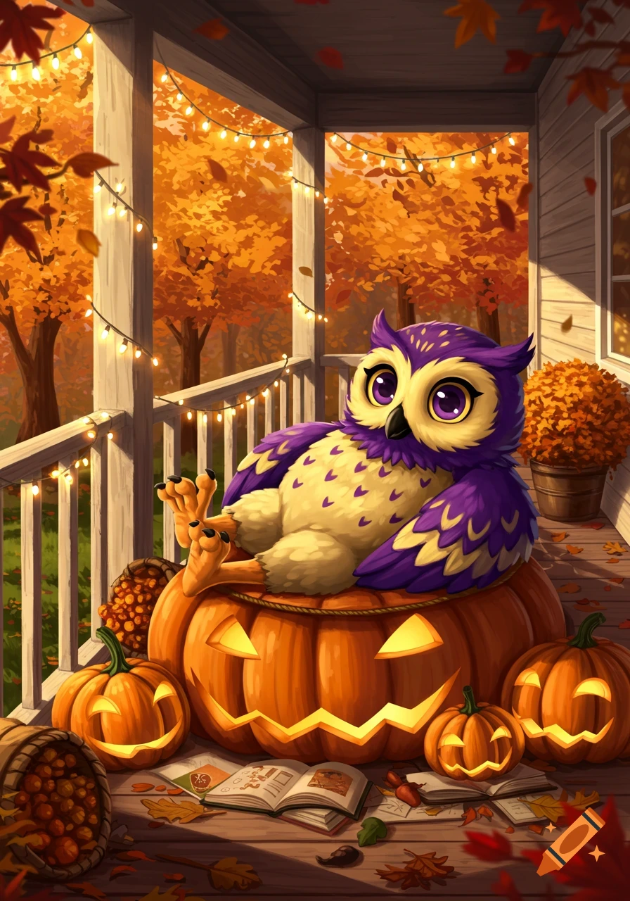 A cute, purple and yellow owl relaxing on a jack-o'-lantern on a porch decorated for fall with string lights and autumn leaves.