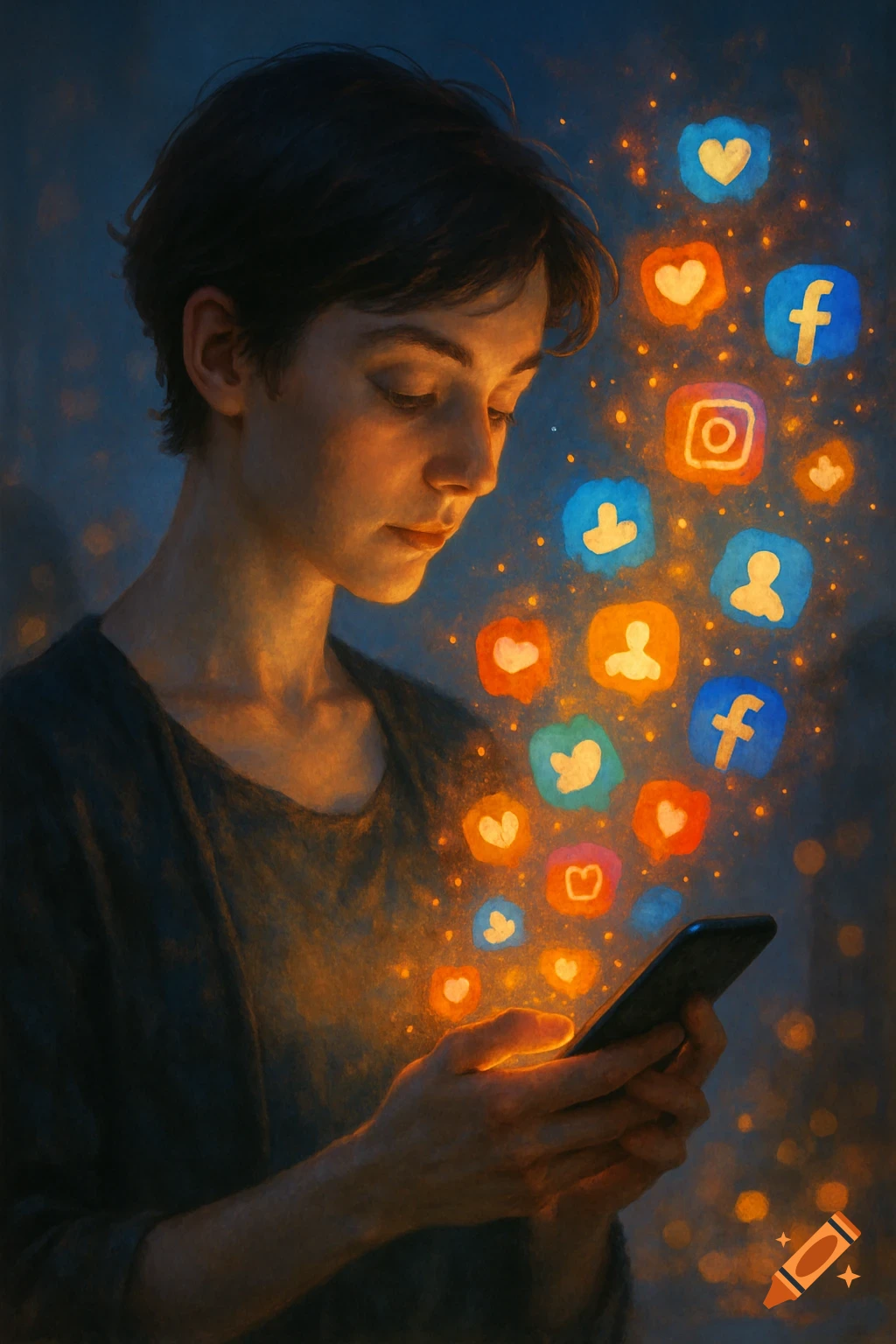 A person with short hair looks down at their glowing phone, from which colorful social media icons emanate in a painterly style.