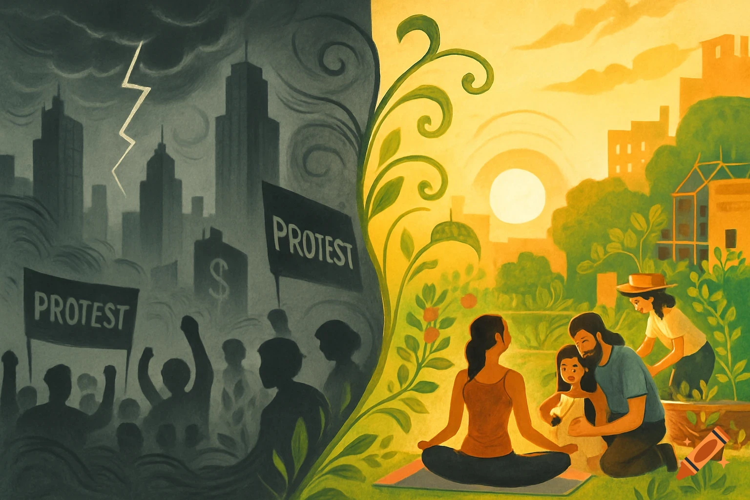 Split image illustrating contrast: left, a dark cityscape with protests under stormy skies; right, a bright, peaceful garden scene with a family.
