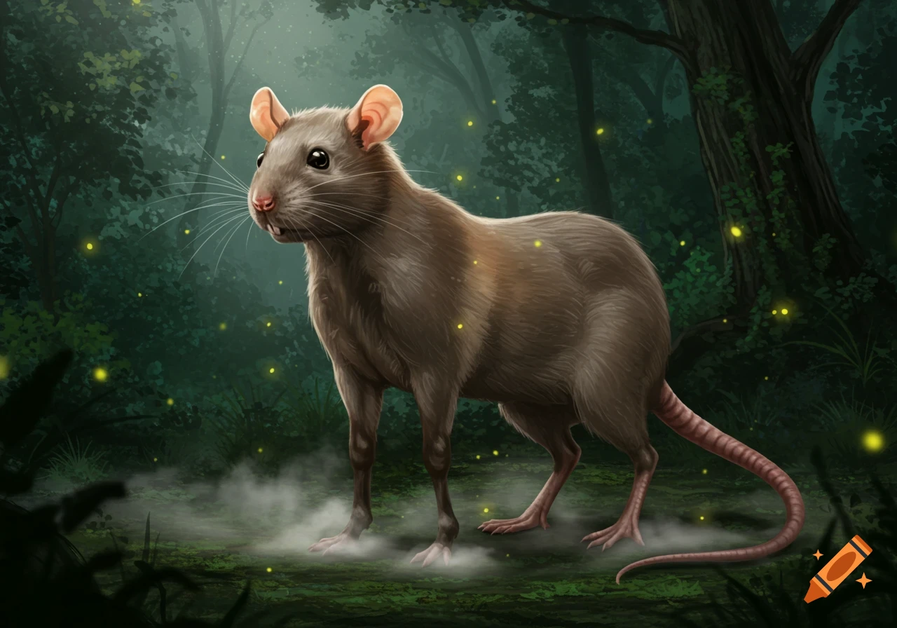 An illustrative image of a rat-like creature with long legs standing in a dark, misty forest with glowing fireflies.
