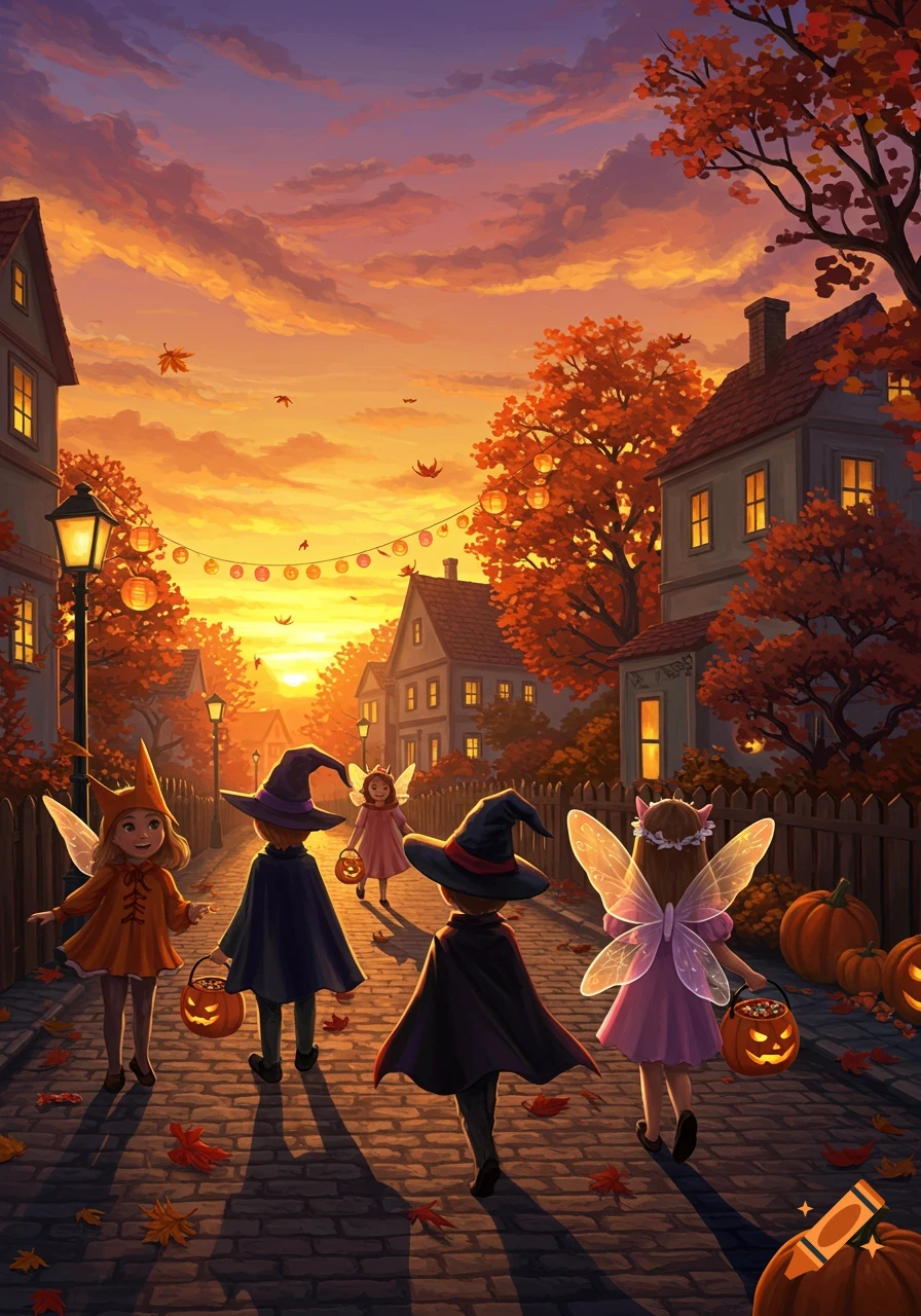Illustrated image of children in witch and fairy costumes trick-or-treating on a cobblestone street at sunset with autumn trees.