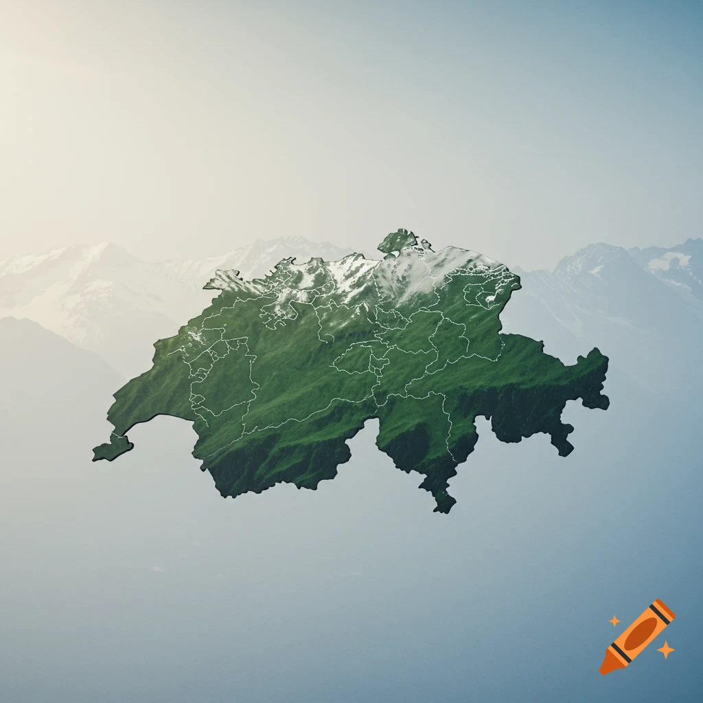 3D relief map of Switzerland showing green mountainous terrain and snow-capped peaks against a hazy mountain and sky background.
