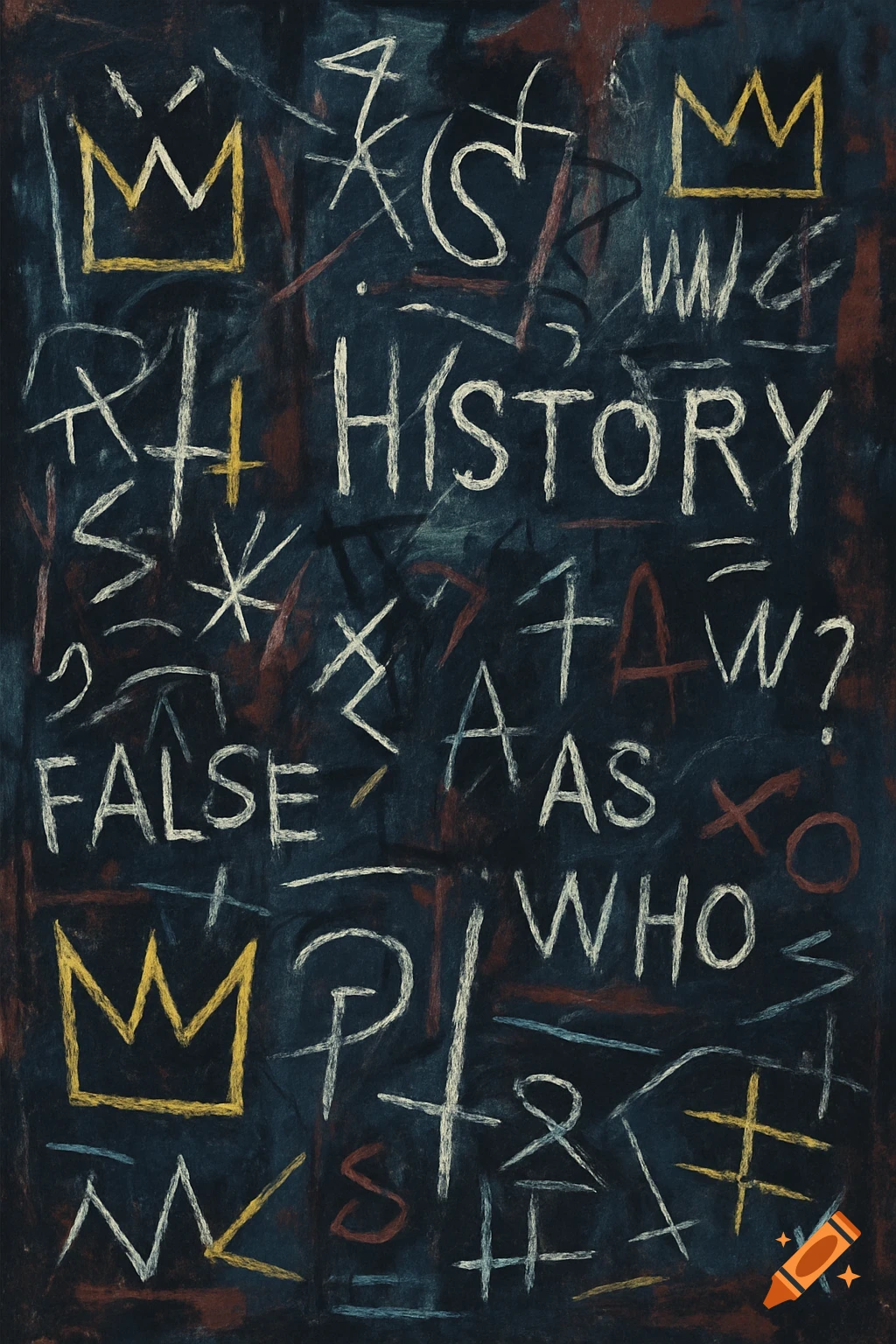An abstract, dark, Basquiat-inspired painting with white word fragments, symbols, and yellow crown motifs.
