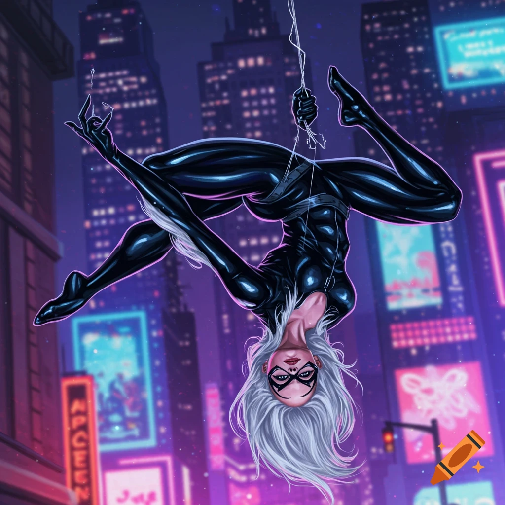 Black Cat hangs upside down by a web, striking a contortionist pose in a neon-lit city at night. Comic book art.