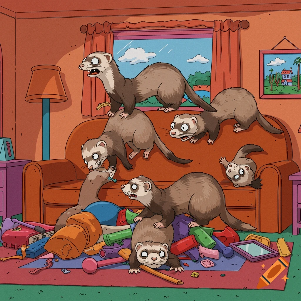 Cartoon ferrets create a chaotic mess in a living room, climbing on a couch amidst scattered toys.