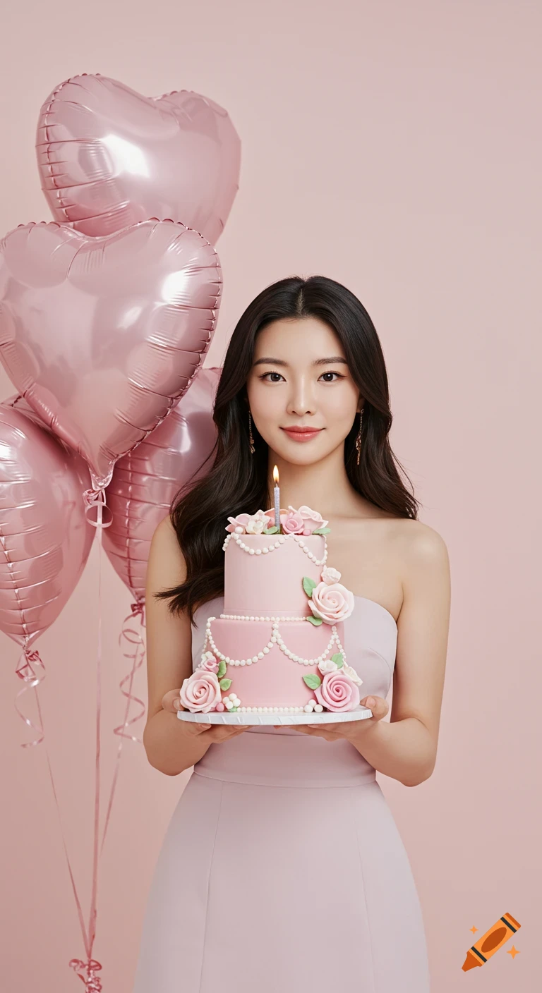 A young woman in a pink dress holds a pink two-tier birthday cake with a lit candle, with pink heart balloons against a pastel pink background. Professional portrait.