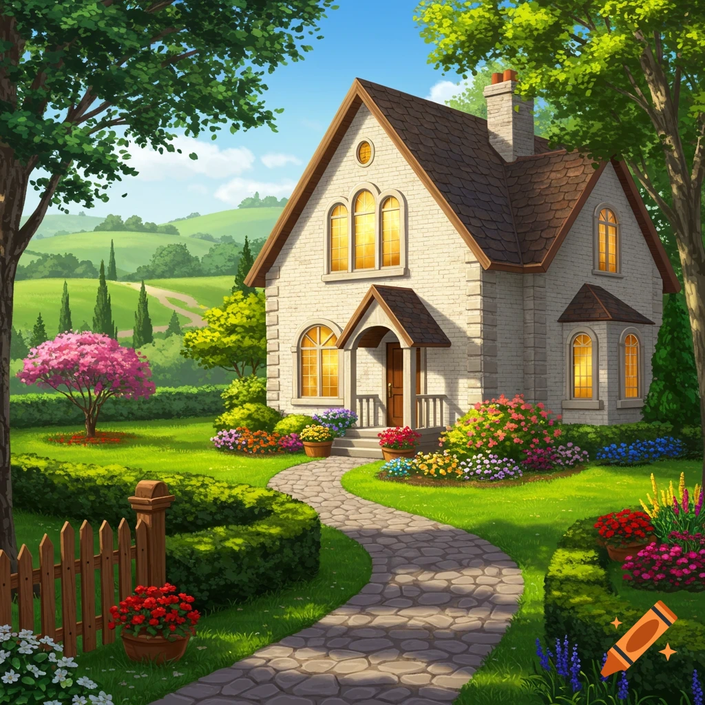 A bright, colorful illustration of a quaint stone house with a lush garden, stone path, and vibrant flowers under a blue sky.