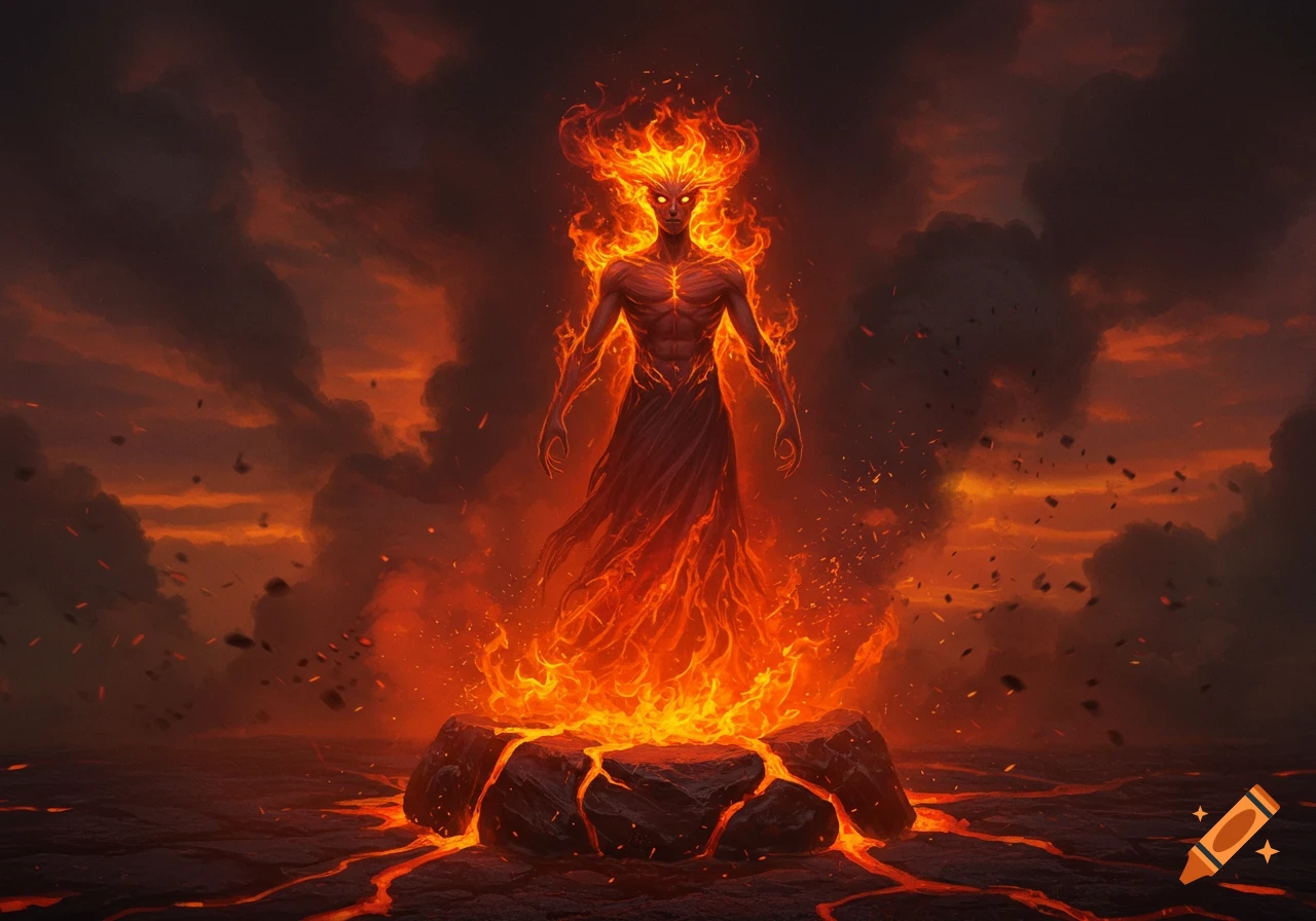A powerful fire elemental with a flaming head and torso stands on cracked, lava-filled ground under dark, smoky skies. Digital art.