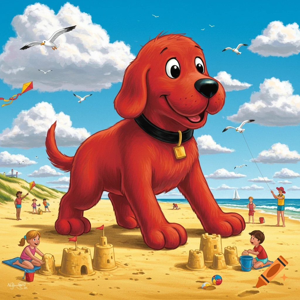 A vibrant illustration of Clifford the Big Red Dog on a sunny beach with children building sandcastles and flying kites.