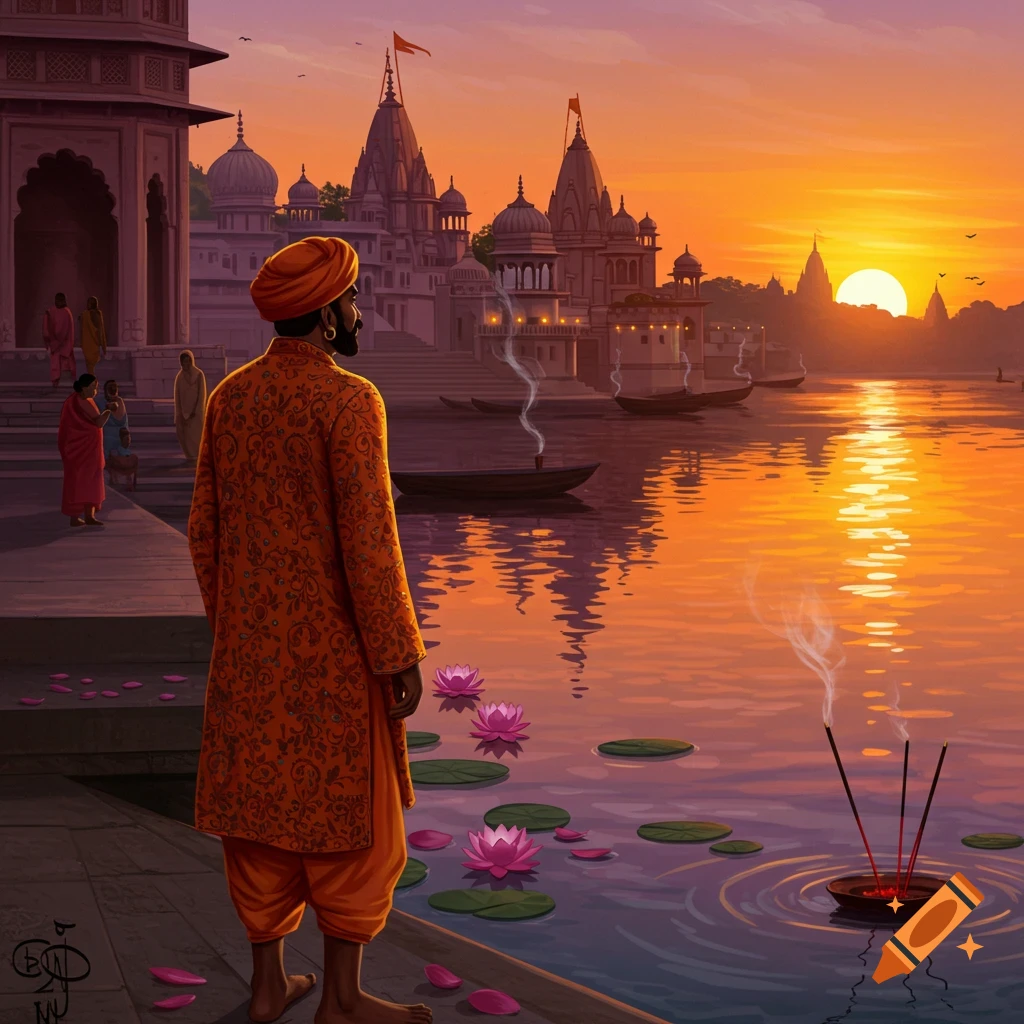 An Indian man in traditional attire stands by a river with temples, watching the sunset.