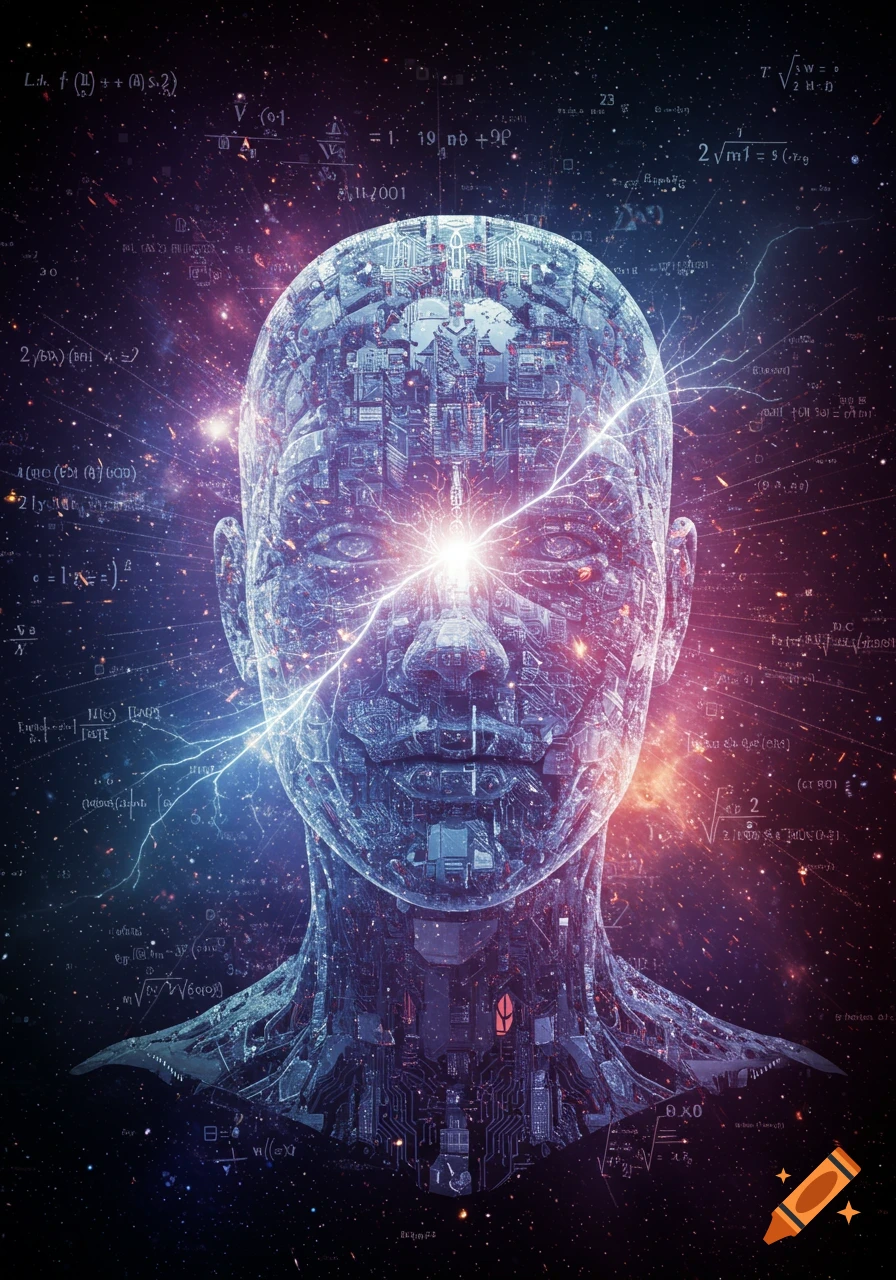 A futuristic, circuit-board-like human head with glowing eyes and lightning against a cosmic background filled with mathematical symbols.