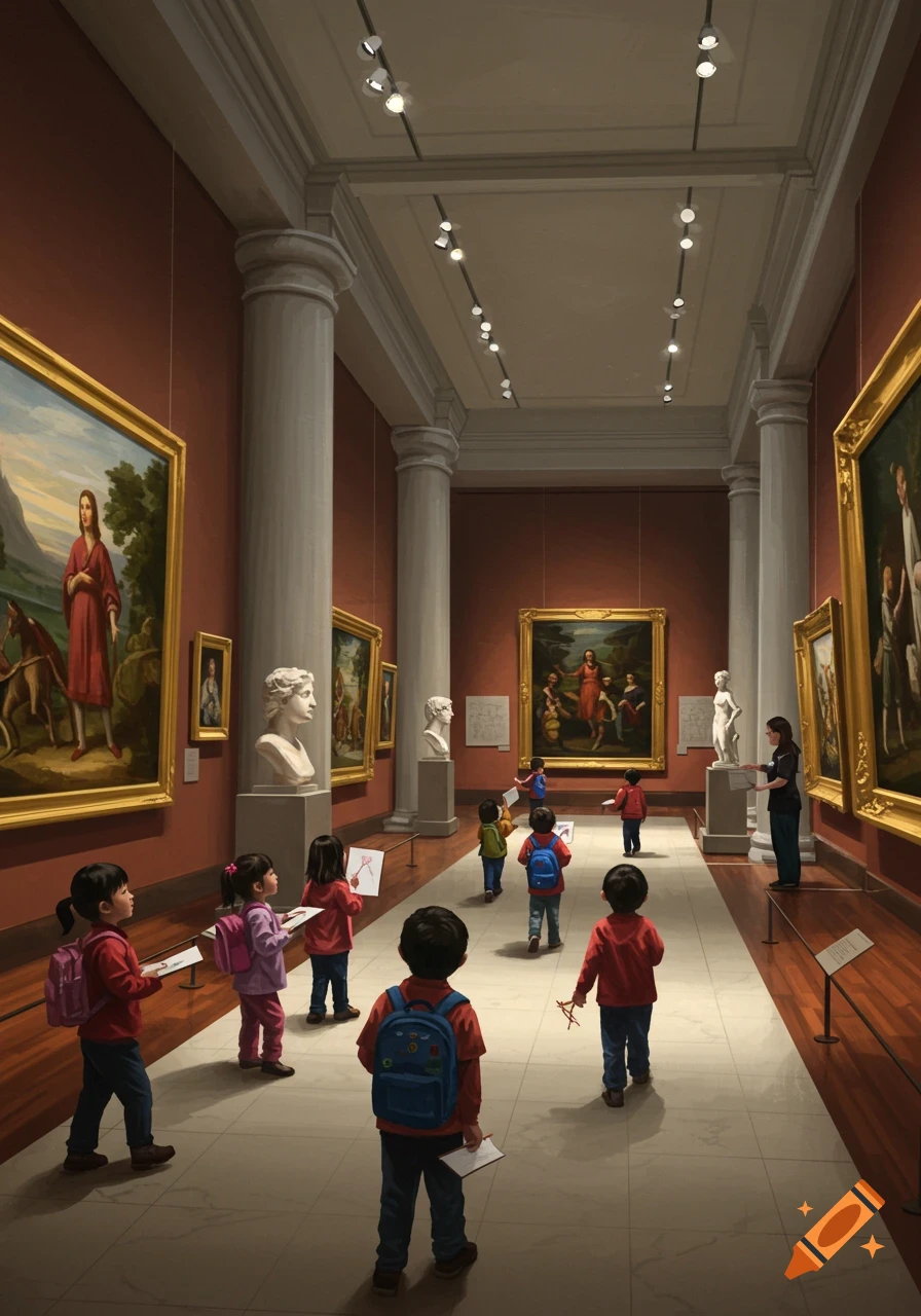 Kindergarten students exploring a large art museum, looking at paintings and sculptures, with some sketching on pads.