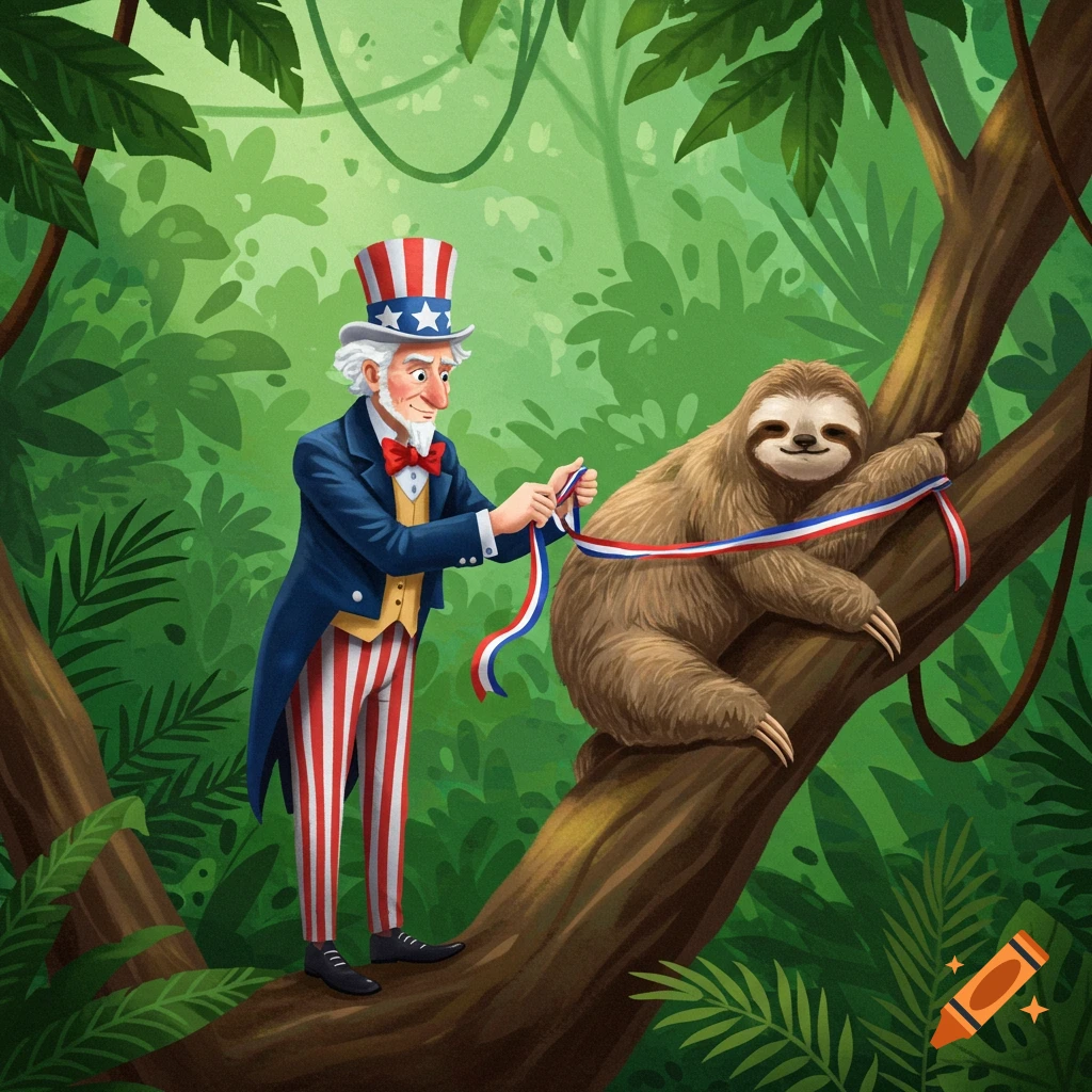 Cartoon illustration of Uncle Sam tying a red, white, and blue ribbon around a smiling sloth in a lush green jungle.