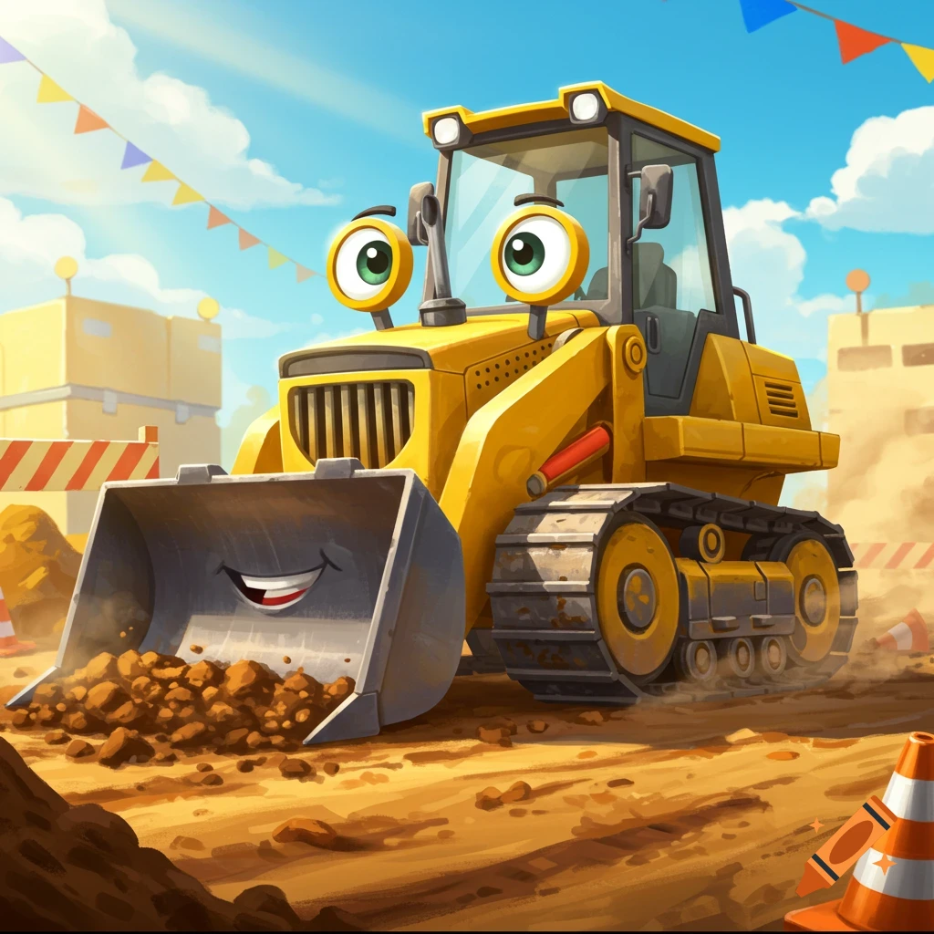 A happy, cartoon yellow bulldozer with big eyes and a smiling bucket on a dirt construction site with flags.