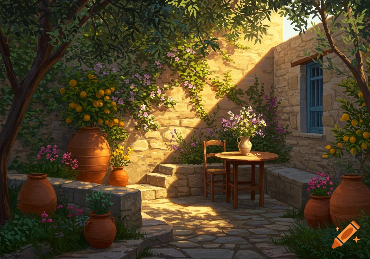 Cozy Greek garden courtyard with stone walls, terracotta pots, lush greenery, and a small table bathed in golden hour sunlight.