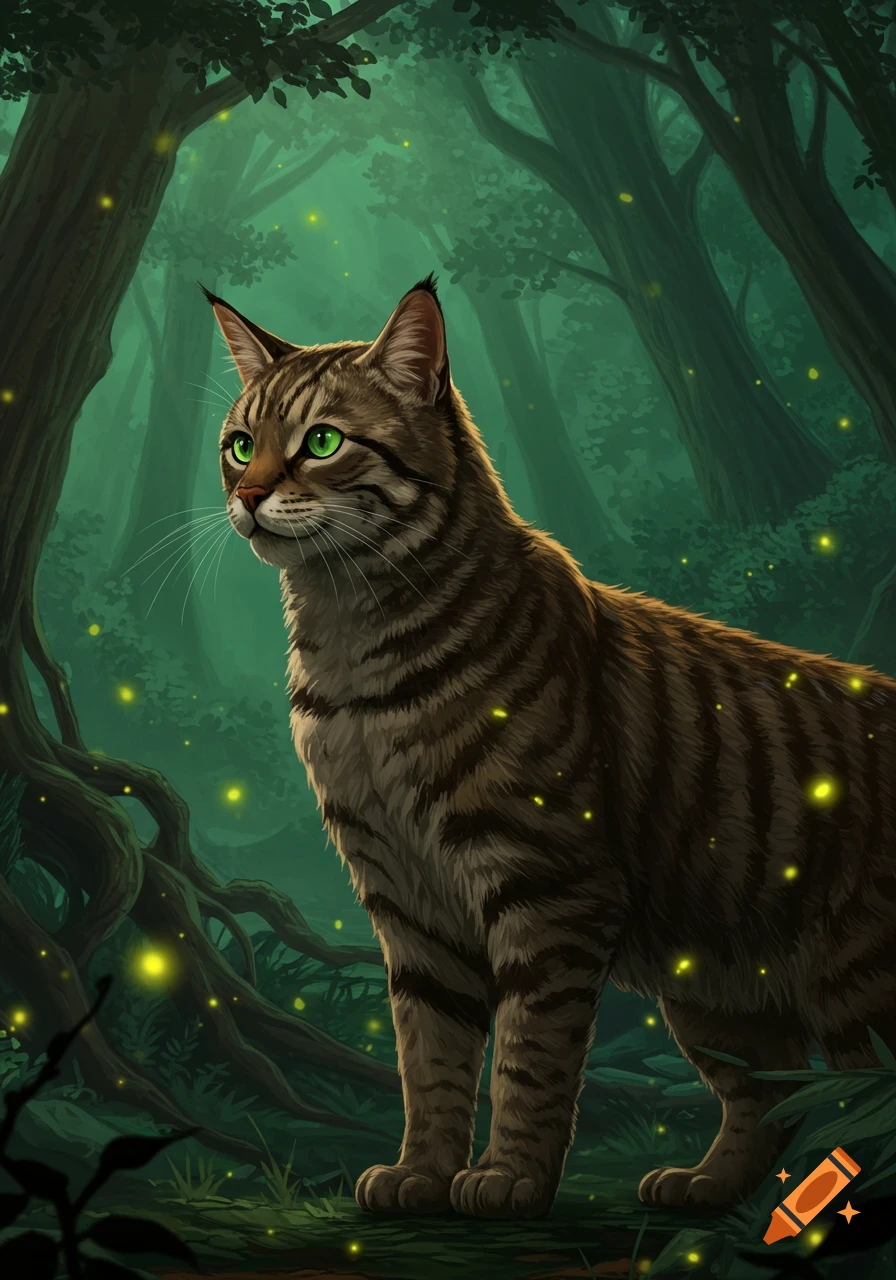 An illustrated tabby cat with bright green eyes stands in a dark, misty fantasy forest with glowing particles.