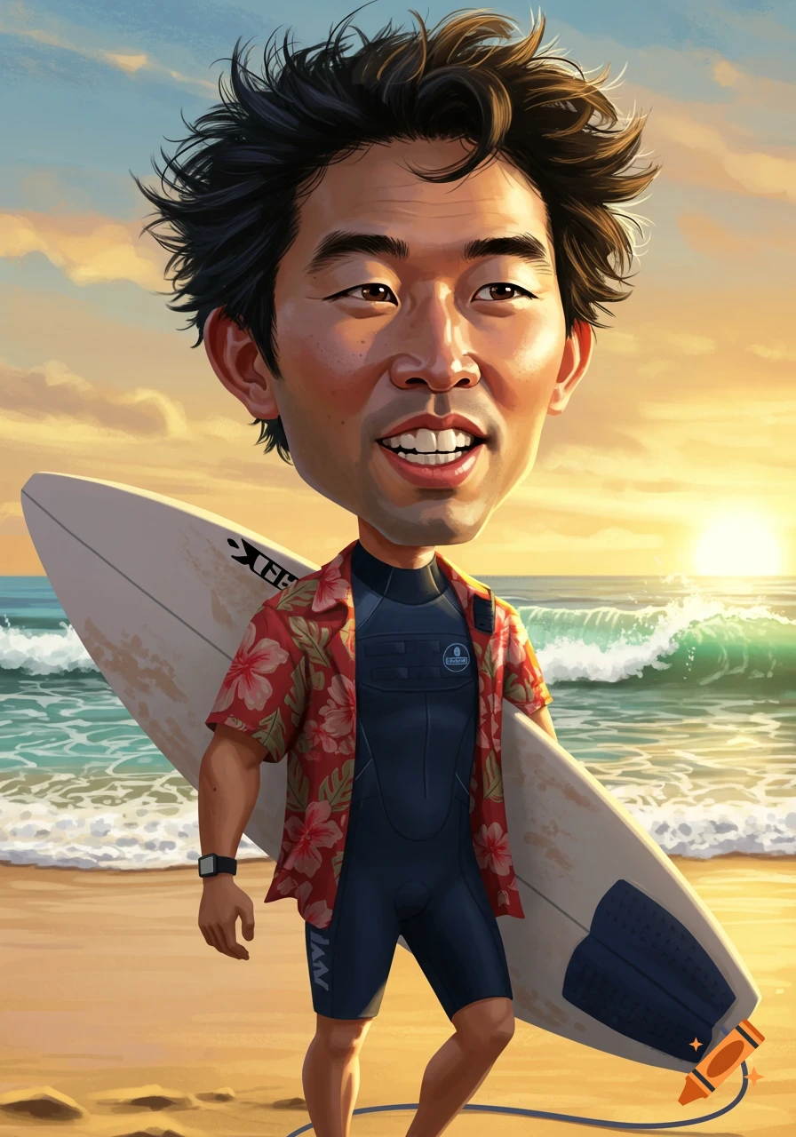 Caricature of an Asian man in a Hawaiian shirt and wetsuit, holding a surfboard on a sunny beach.