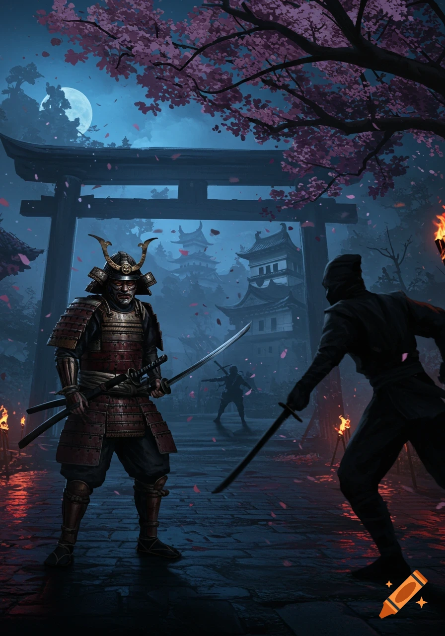 Dramatic illustration of a samurai facing a ninja at night on castle grounds, with a torii gate, cherry blossoms, and full moon.