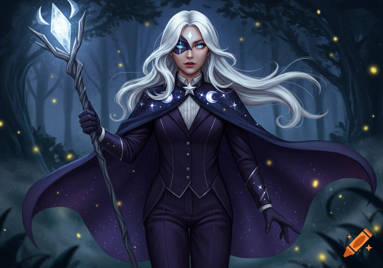 A white-haired woman in a dark purple suit and starry cape holds a glowing crystal staff in a dark, glowing forest.