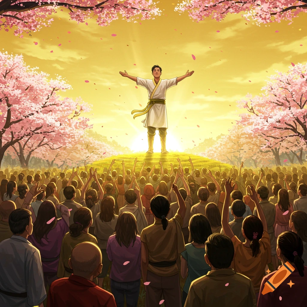 An illustrated figure with outstretched arms inspires a large crowd under a golden sky with cherry blossoms.