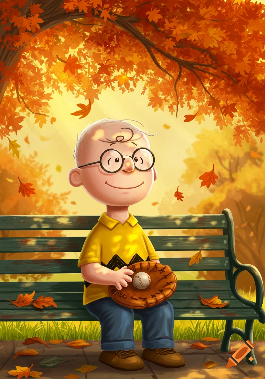 Cartoon of an older Charlie Brown on a park bench with a baseball glove, under a sunny autumn tree with falling leaves.