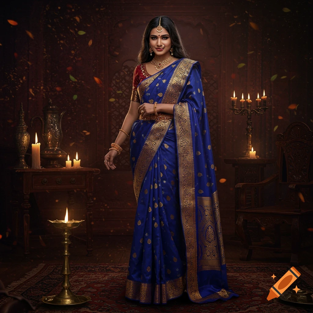 An Indian woman in a royal blue and gold saree with traditional jewelry stands in a dimly lit room with candles and ornate decor.