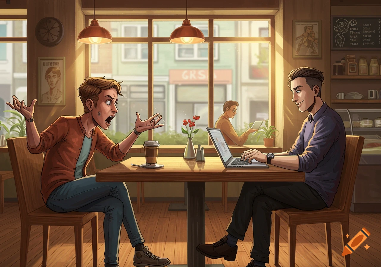 An illustration of two men in a cafe, one yelling with arms wide, the other smiling and typing on a laptop.