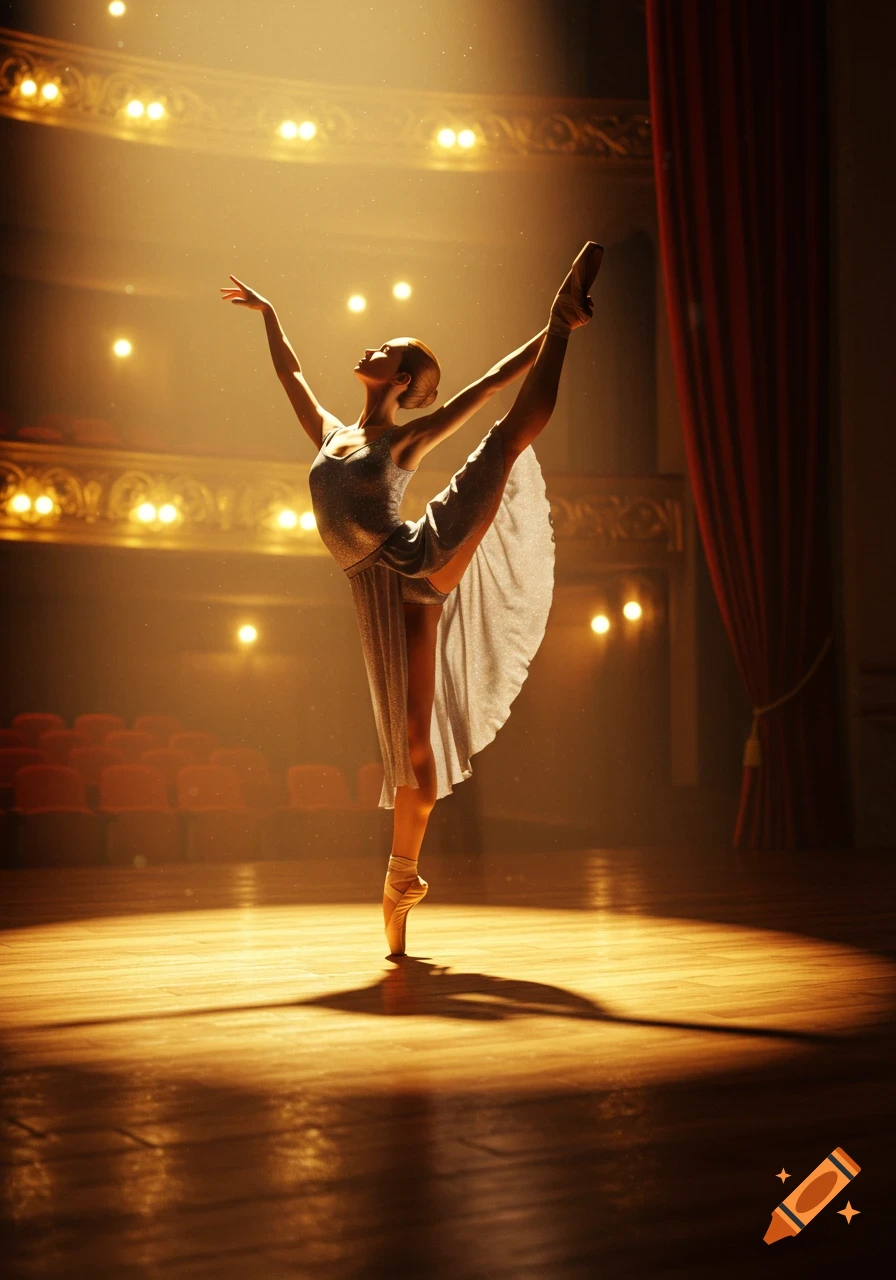 A ballerina in a sparkling silver leotard performs a high leg extension on a spotlight-lit stage in a grand theater.