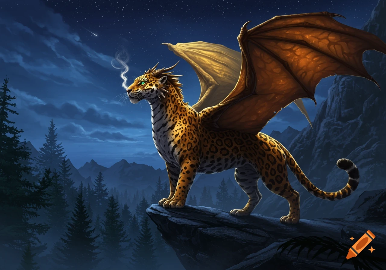 A majestic jaguar-like dragon with large wings and glowing green eyes stands on a mountain cliff at night under a starry sky, exhaling smoke.