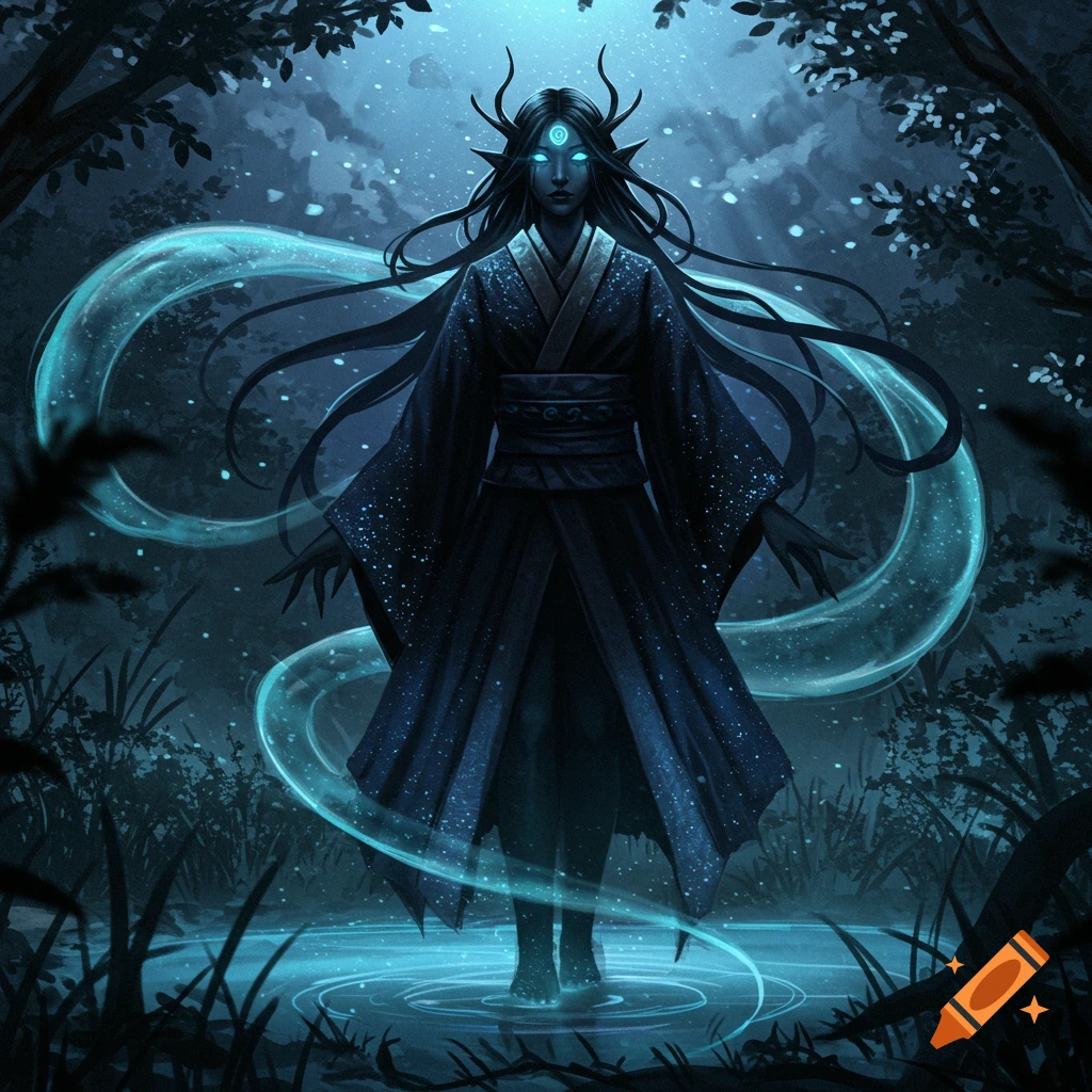 Ethereal dark-skinned spirit with glowing eyes and antlers, wearing a kimono, standing in moonlit water in a dark forest with flowing blue energy.