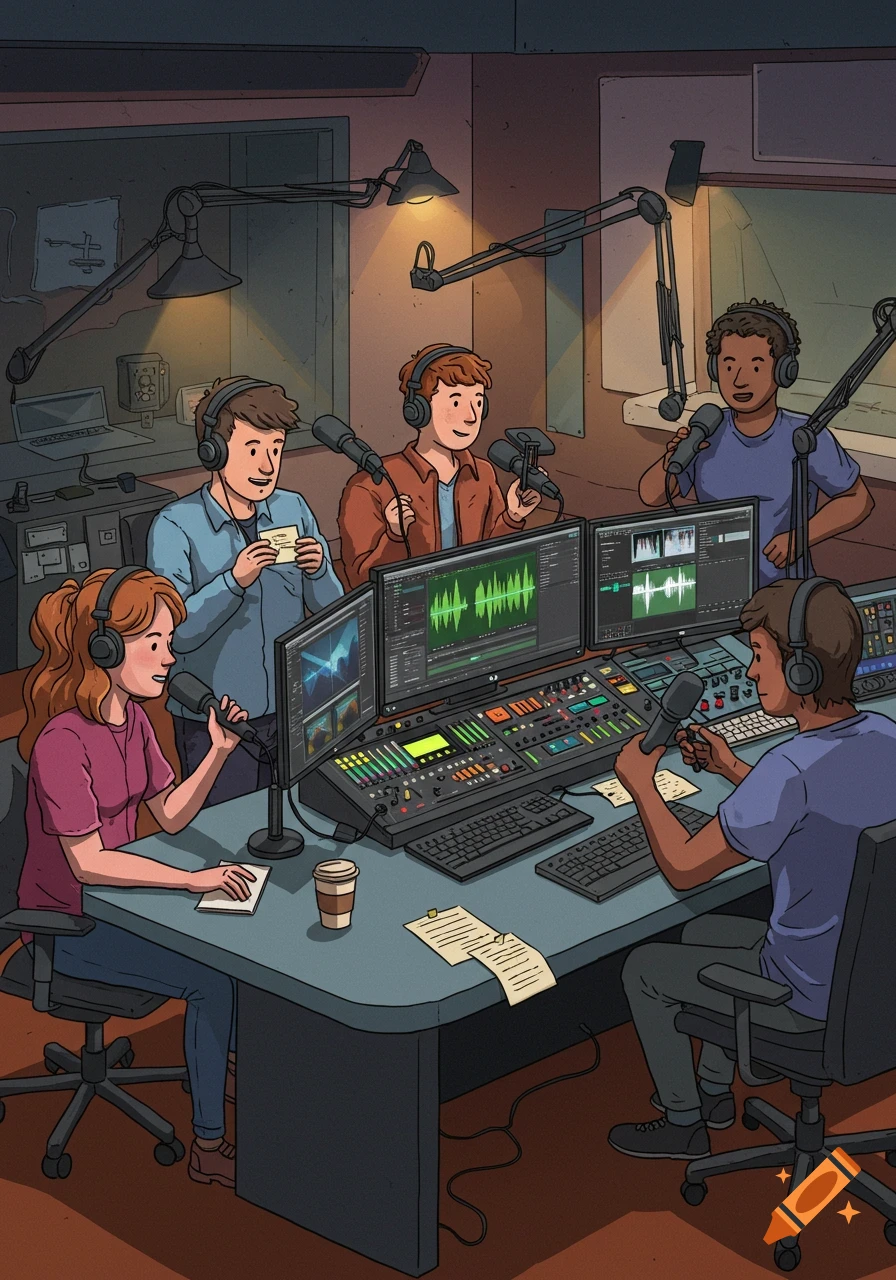 An illustration of five people in a recording studio with microphones, headphones, computer monitors, and a mixing console.