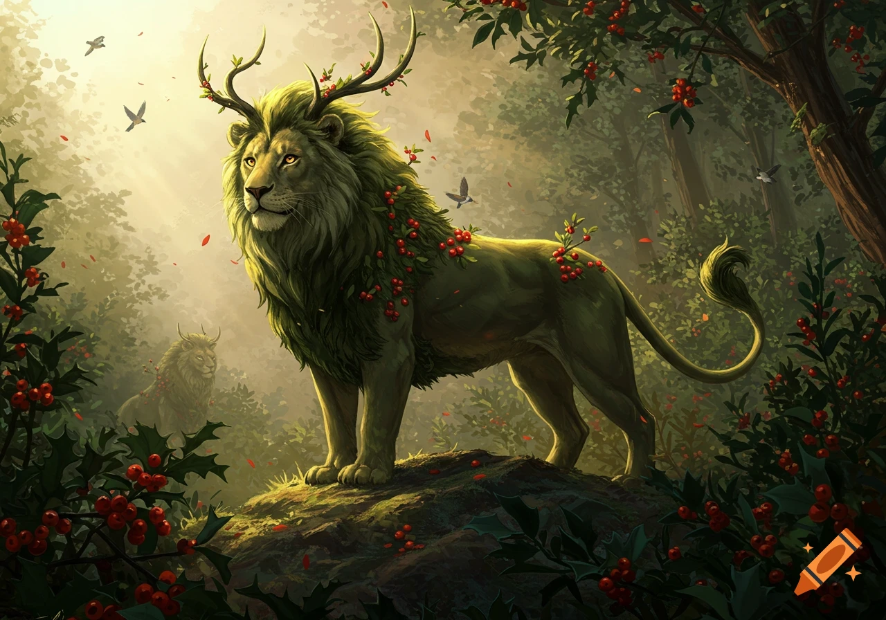 A majestic lion-like creature with a green mane, antlers, and red berries stands in a sunlit forest. Another creature is in the background.