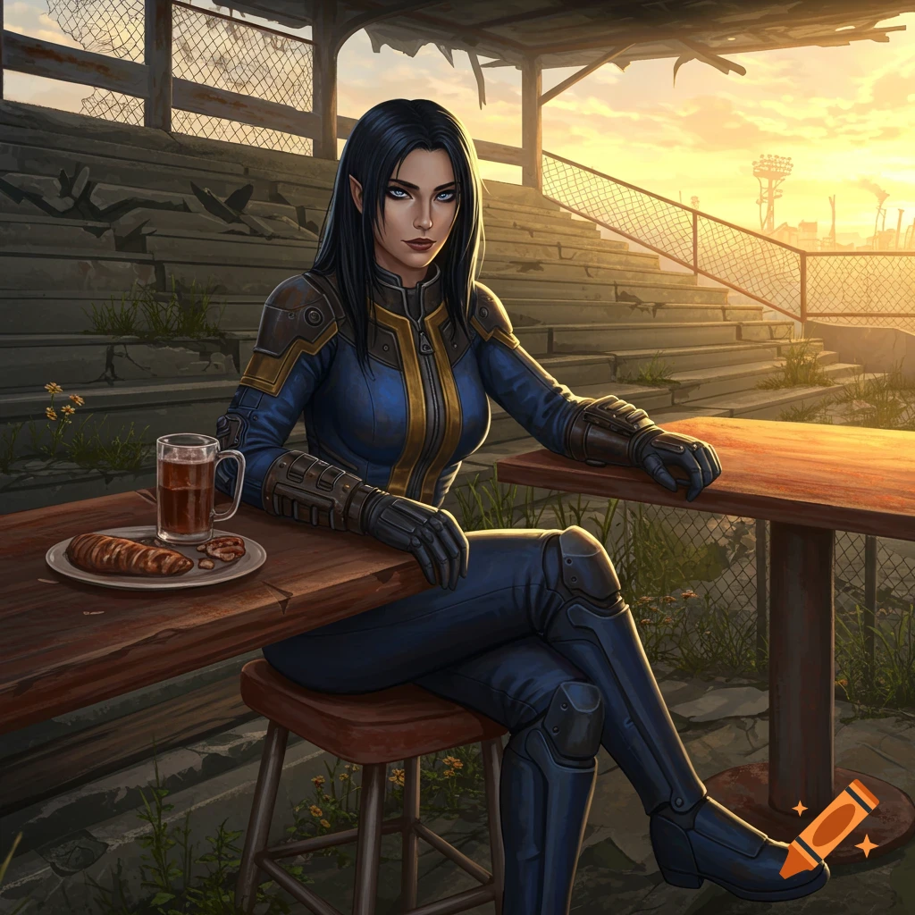 A woman in a blue and gold vault suit sits at a makeshift bar in a ruined stadium, drinking, in a digital art style.